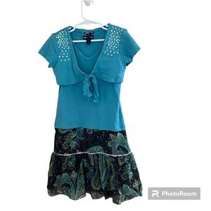 🔷LIMITED TOO: Girl size 7, blue dress w/patterned bottom & shrug set preowned🔷